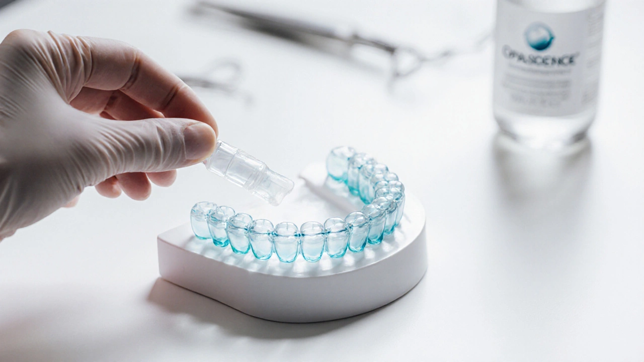 Blízký záběr na zubní výplň naplněnou Opalescence gelem, vedle dentálního nástroje.
