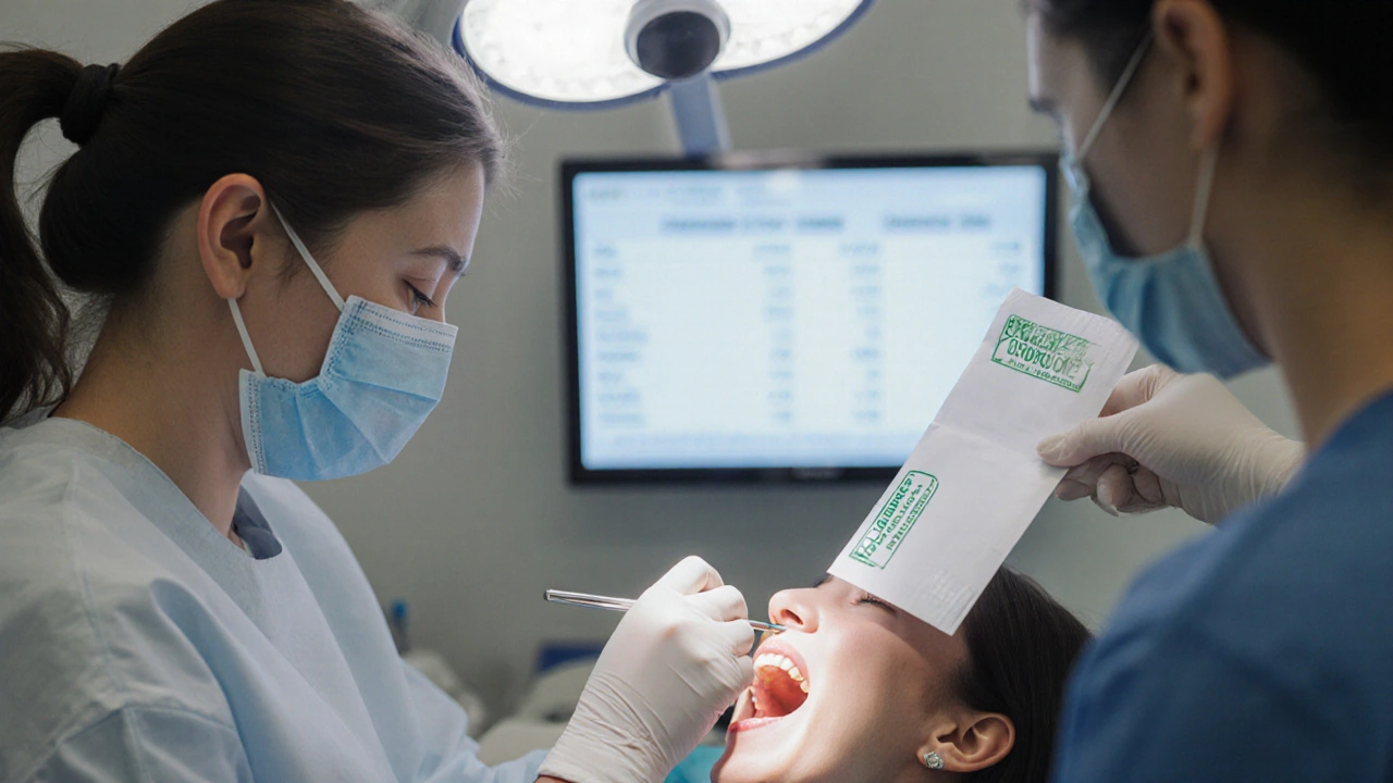 Dental filling procedure with assistant handing sealed insurance approval envelope.