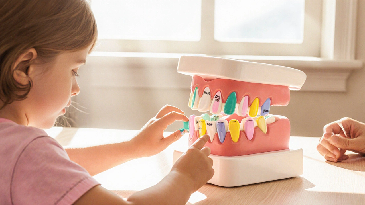 Dítě s dentální modelkou učí se názvy zubů, model je v pastelových barvách.