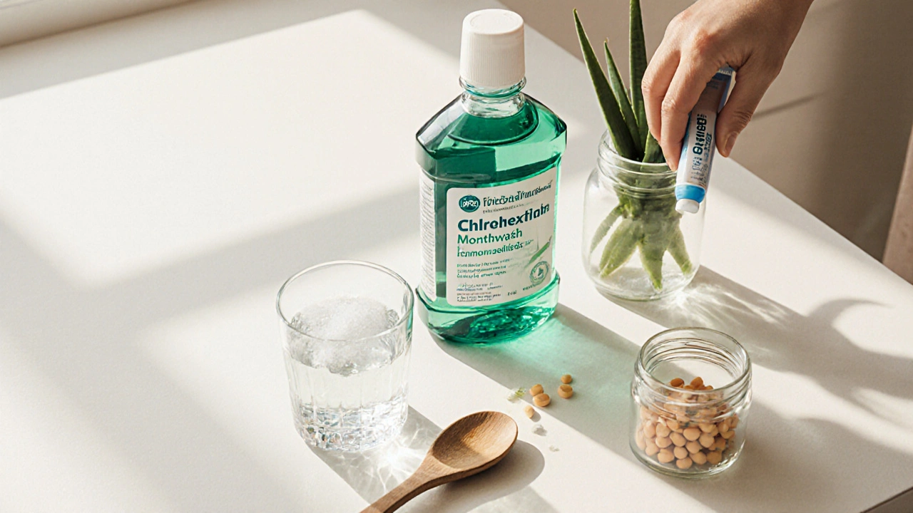 Domácí prostředky: sklenice slané vody, ústní voda, aloe gel a vitamín C na koupelnovém řezu.