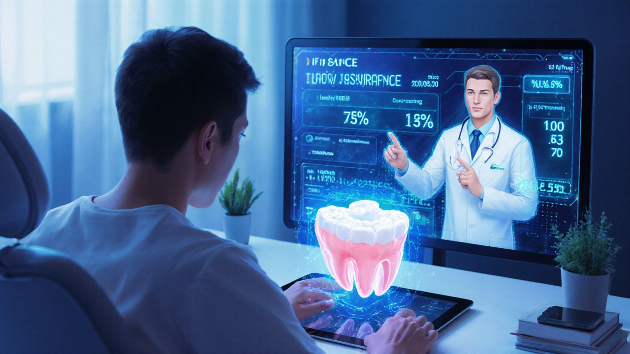 Futuristic home tele‑dentistry with holographic tooth and AI insurance approval.