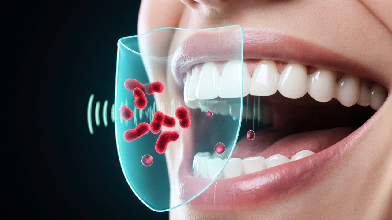 Healthy mouth protected by sonic vibrations repelling bacteria and supporting enamel repair.
