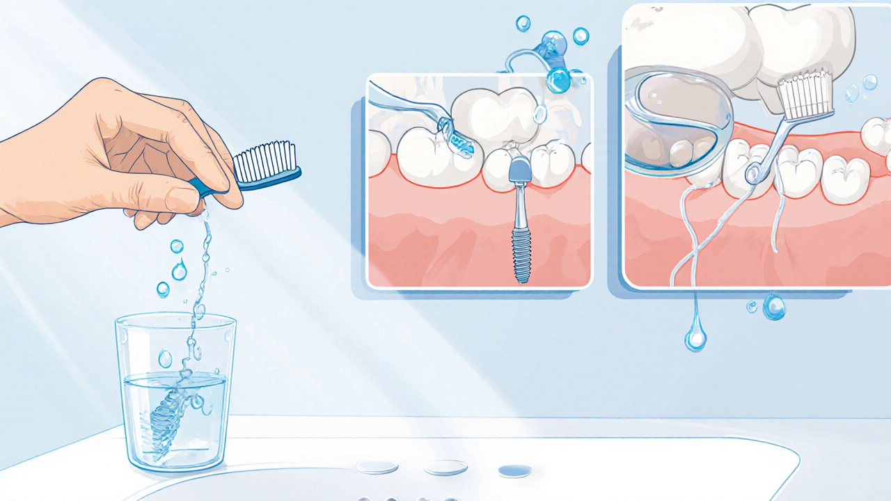 Ilustrace ranního čištění: kartáček na korunku, mezizubní kartáček pod mostem a dentální nit mezi implantátem.