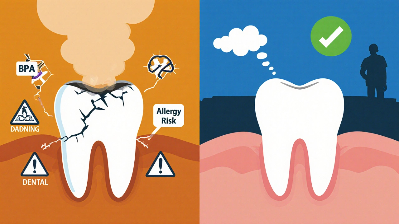 Kontrast mezi nebezpečným plastovým zubem s chemickými varováními a bezpečným, kvalitním protetickým zubem.