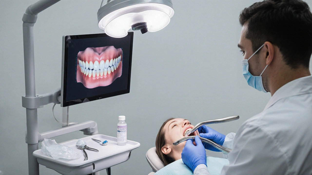 Moderní zubní lékař používá ergonomické kleště na pacienta v sterilní klinice.