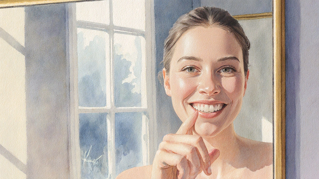 Osoba před zrcadlem ukazuje prstem na dolní řezák při hygieně.