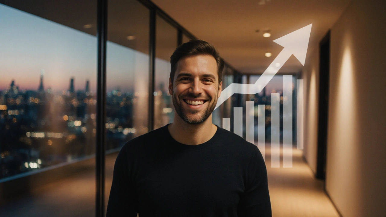 Osoba s perfektním úsměvem před moderní klinikou v Brně, večerní světla.