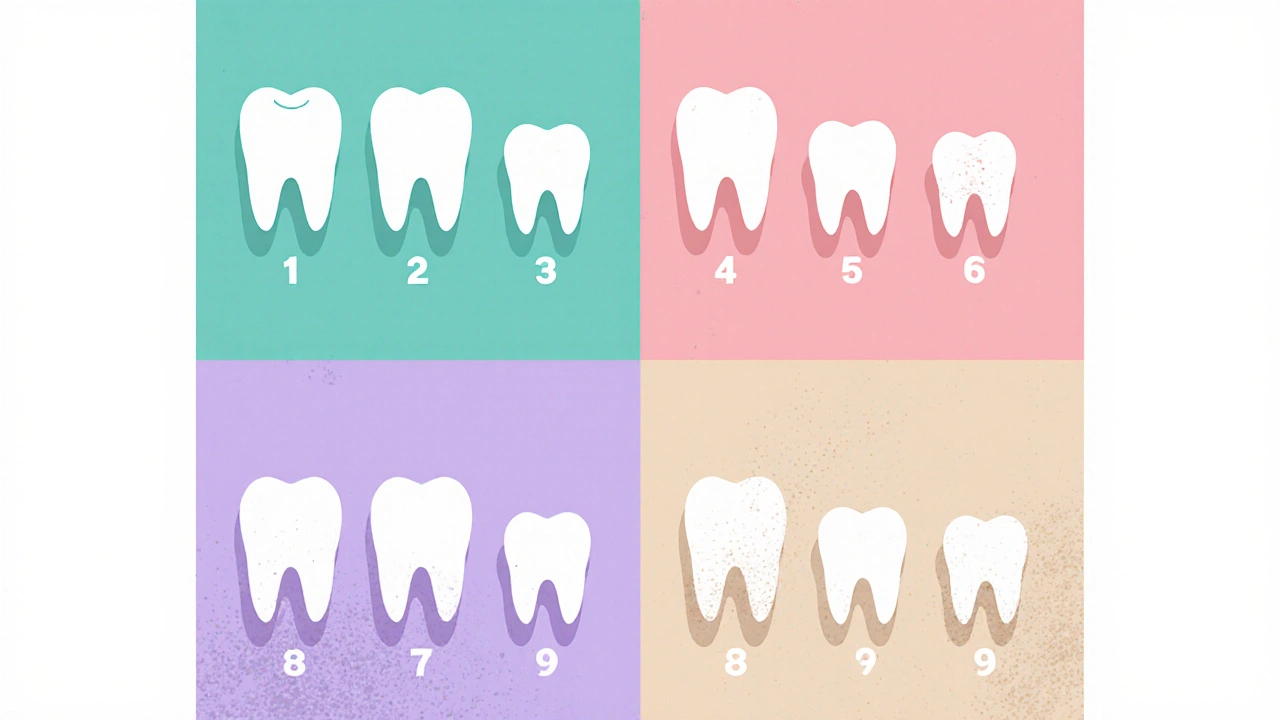 Plakátový diagram čtyř kvadrantů úst s různými typy zubů podle FDI.