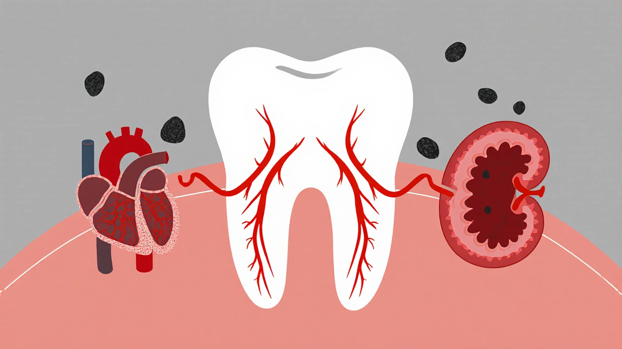 Propojení zubního kamene s infekcí v srdci a slinivce břišní prostřednictvím krevních cév.