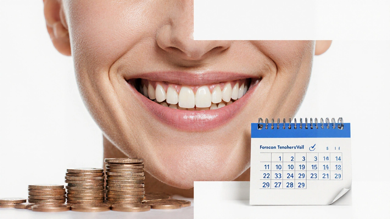 Rozdělený snímek ukazuje rozdíl mezi kompozitní a porcelánovou fazetou s cenovými údaji.