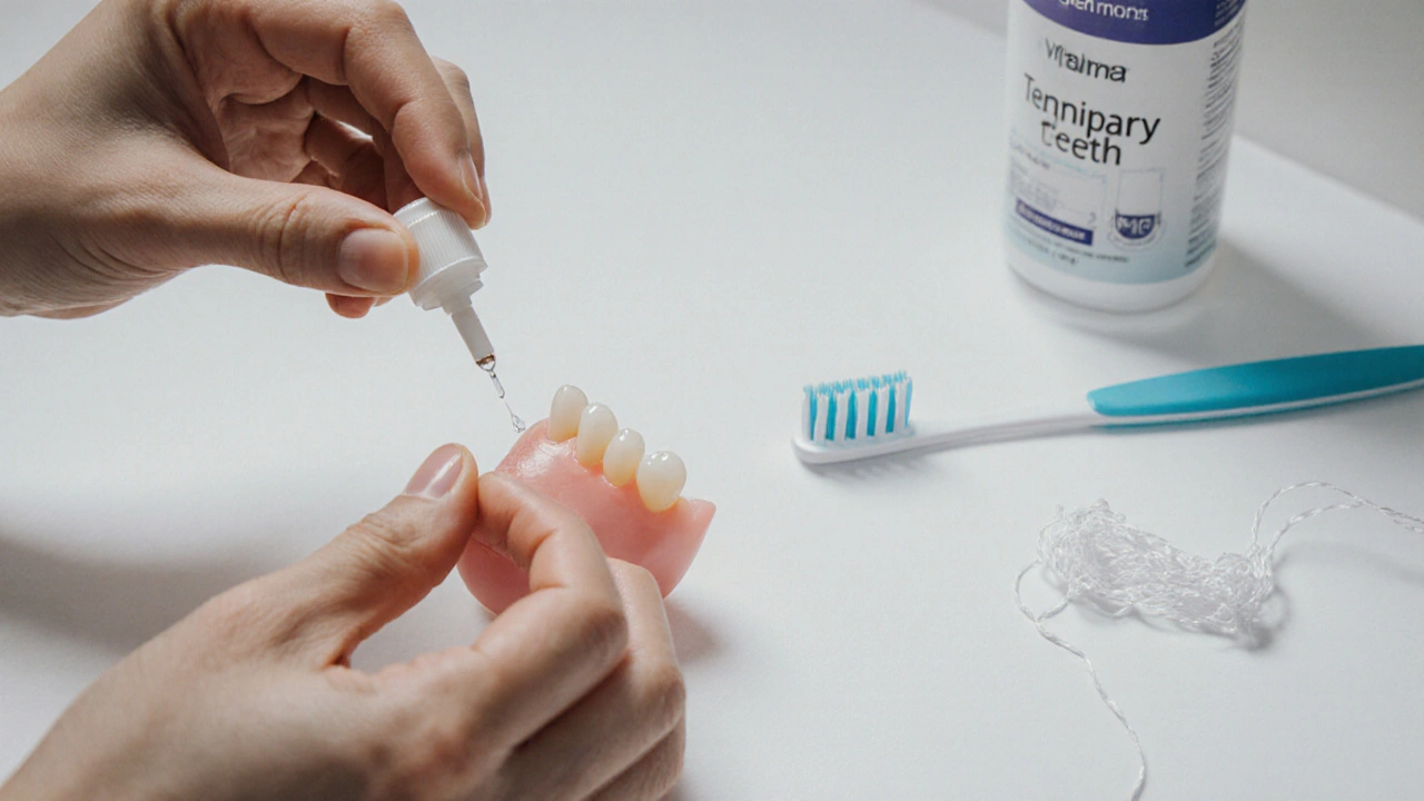 Ruka nanáší speciální zubní lepidlo na dočasný zub před čistým povrchem dásně.