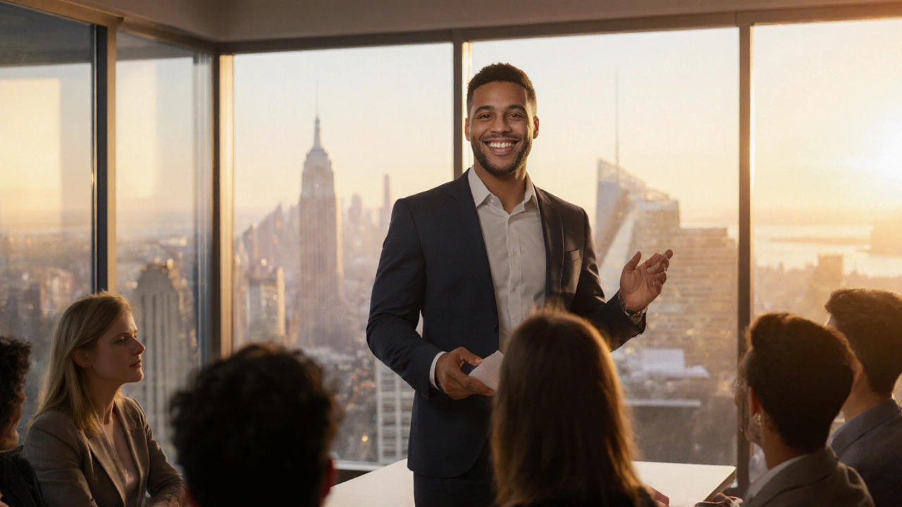 Sebevědomý profesionál s bělejším úsměvem při prezentaci.