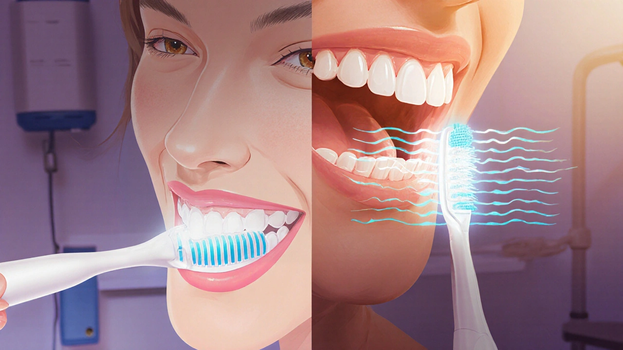Side-by-side: manual brushing misses plaque, sonic brushing cleans thoroughly.