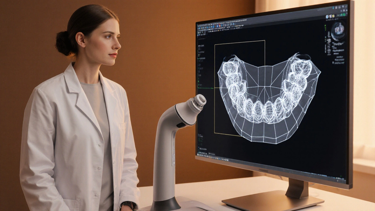 Technik v laboratoři navrhuje zirkonovou korunku na počítači, vedle stojí skener a 3D model.