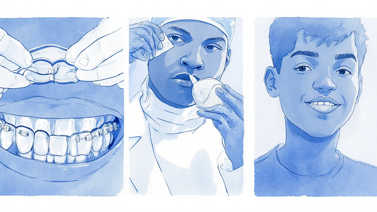V dentální klinice lékař ukazuje brášky, Invisalign a keramické fazety na různých pacientech.