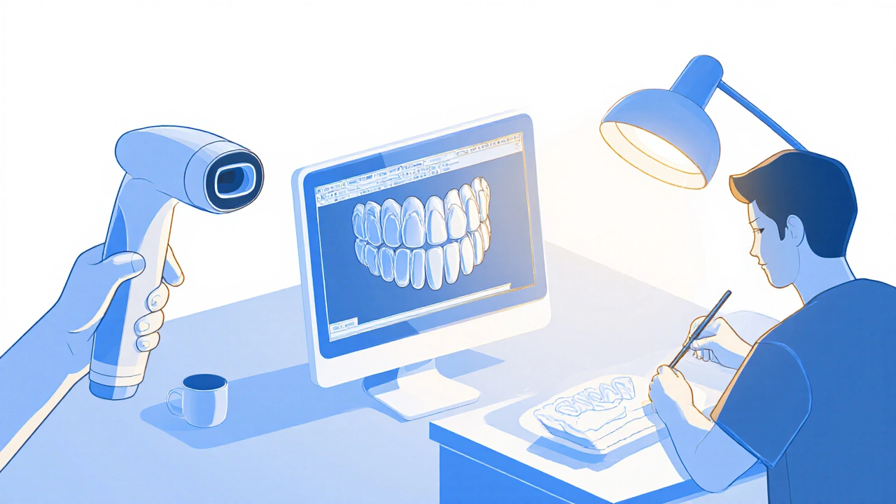 Zobrazena výroba fazet: 3D sken, CAD model a technik v laboratoři vytváří kompozit.