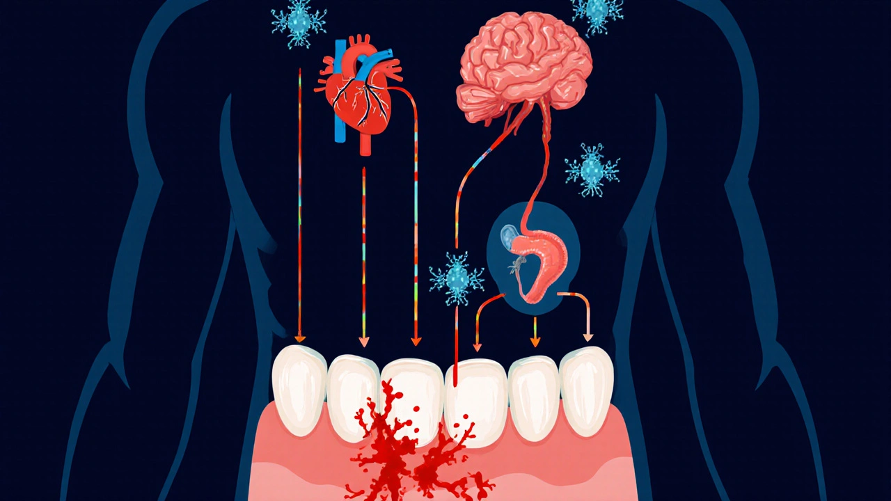 Anatomical illustration showing gum infection spreading to heart, brain, and pancreas.
