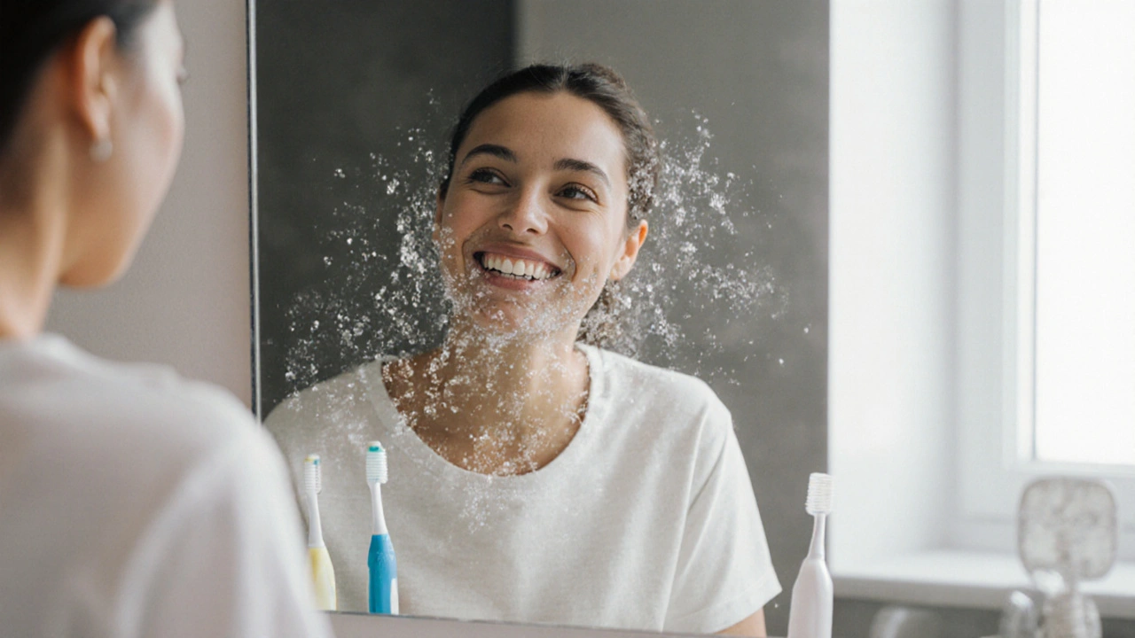 Čisté zuby a úsměv s neviditelně mizícími bakteriemi v pozadí.