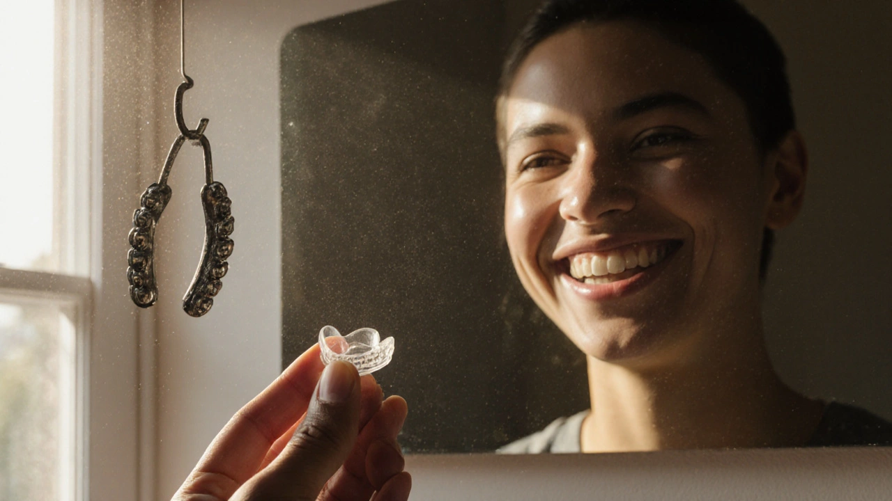 Čistý retentér na ruce, za ním odraz úsměvu bez rovnátek.