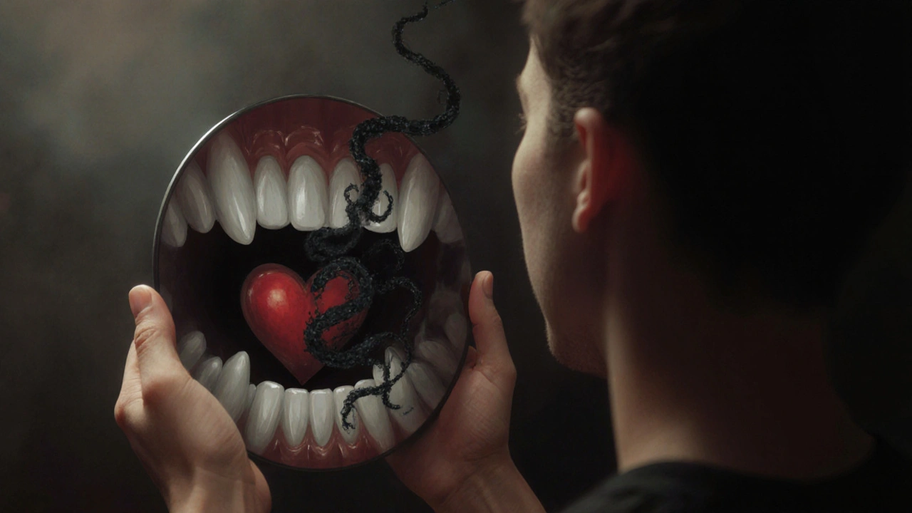 Člověk hledí do zrcadla, kde černý kámen z jeho zubů proniká do těla jako stínové vlákna.