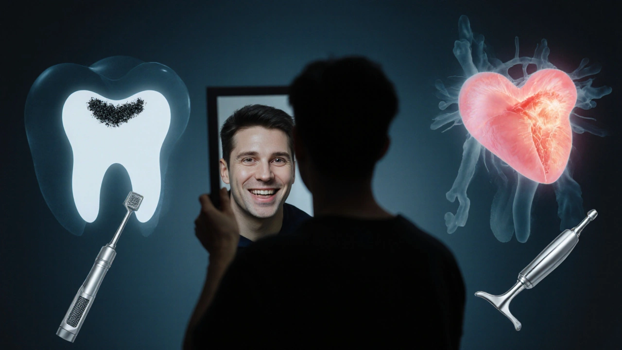 Člověk vidí v zrcadle černý zubní kámen, zatímco za ním se objevují symboly ztráty zubu a zdravotních rizik.