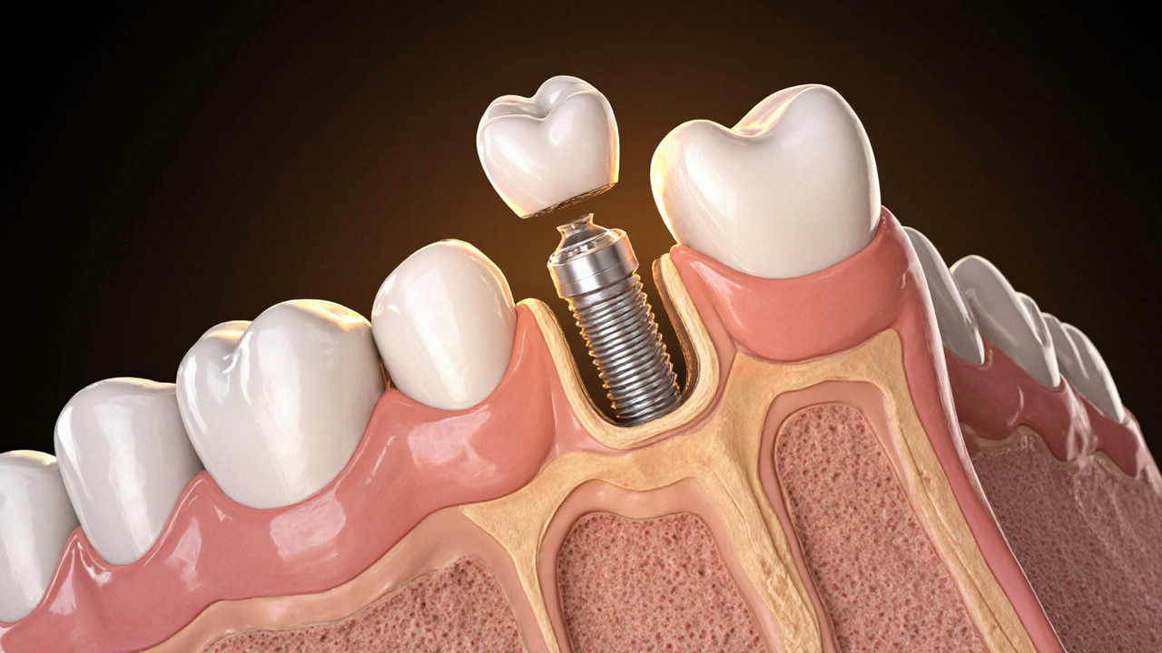 Cross-section of jawbone showing titanium implant fused with bone and ceramic crown.