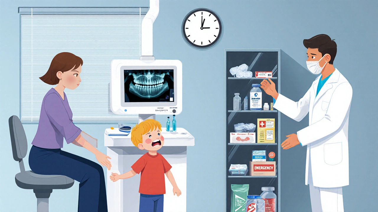 Dentist taking digital X-ray of a child&#039;s mouth during emergency visit, parent comforting them.