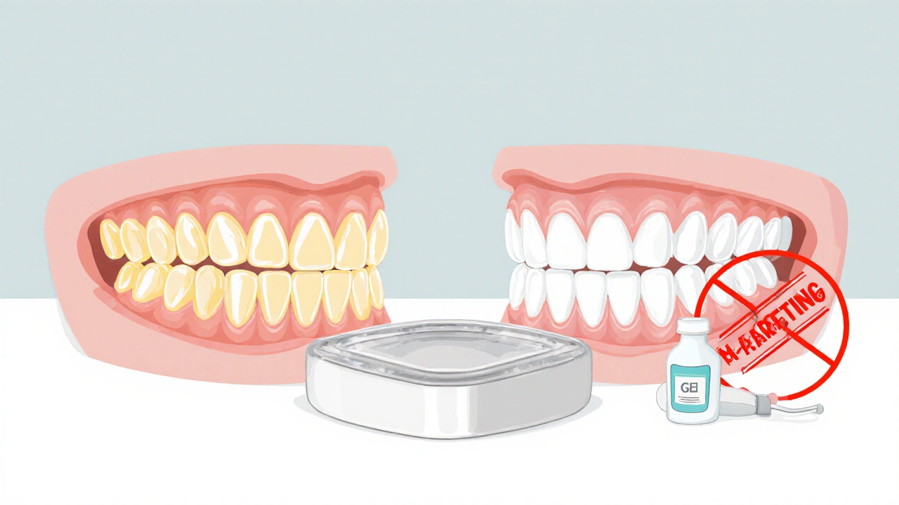 Dva modely zubů: jeden tmavý s plakem, druhý bělý po použití šablon.