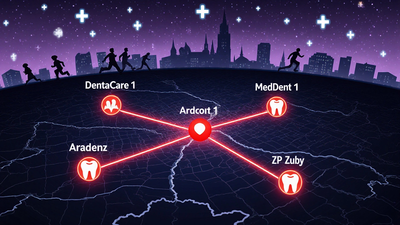 Glowing map of Prague highlighting four 24/7 dental emergency clinics with emergency routes.