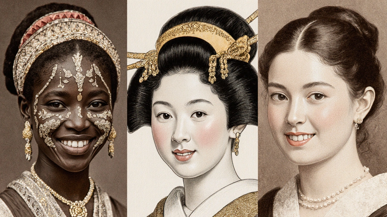 Historické postavy z různých kultur, všechny se zářivým úsměvem a mezerou mezi zuby, symbolizující krásu a status v minulosti.