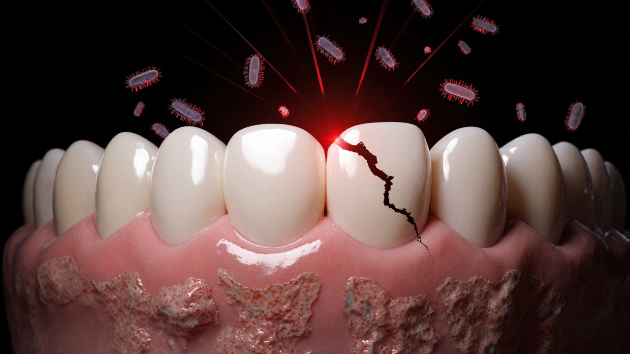 Keramická korunka s jemnou trhlinou a bakteriemi pod dásní, symbolizující riziko infekce.