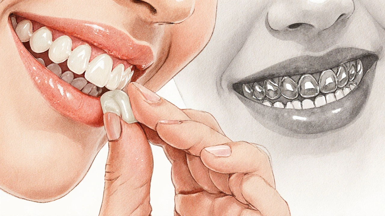 Keramická rovnátka vedle kovových, znázorněná jemnou vodovou malbou s jemným přechodem.