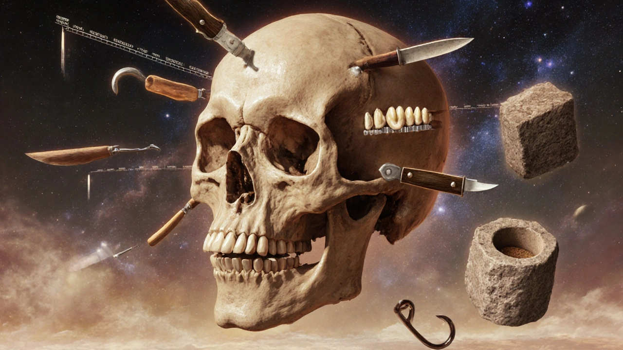 Koncepční obraz lebky, jejíž zuby se mění v nástroje pro zpracování potravy.