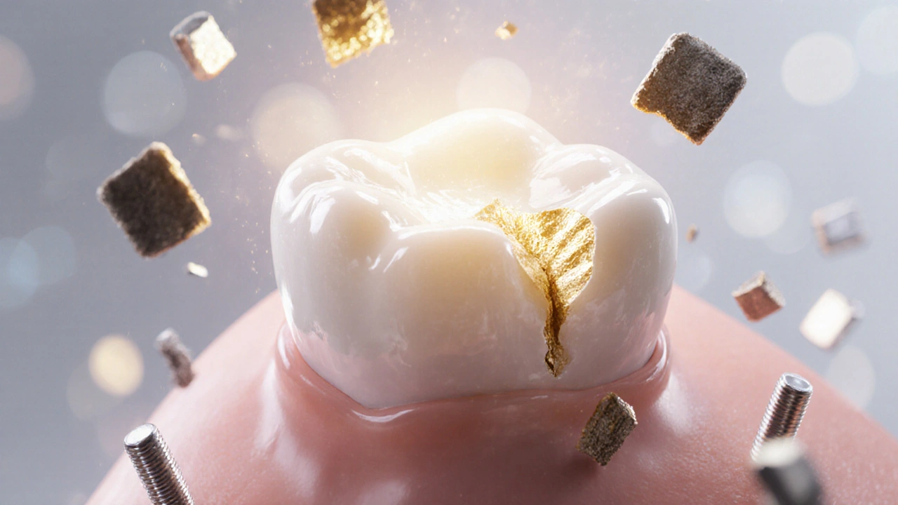 Korunka zirkonie a keramiky chrání zub, zatímco staré plomby a kaz se odstraňují.