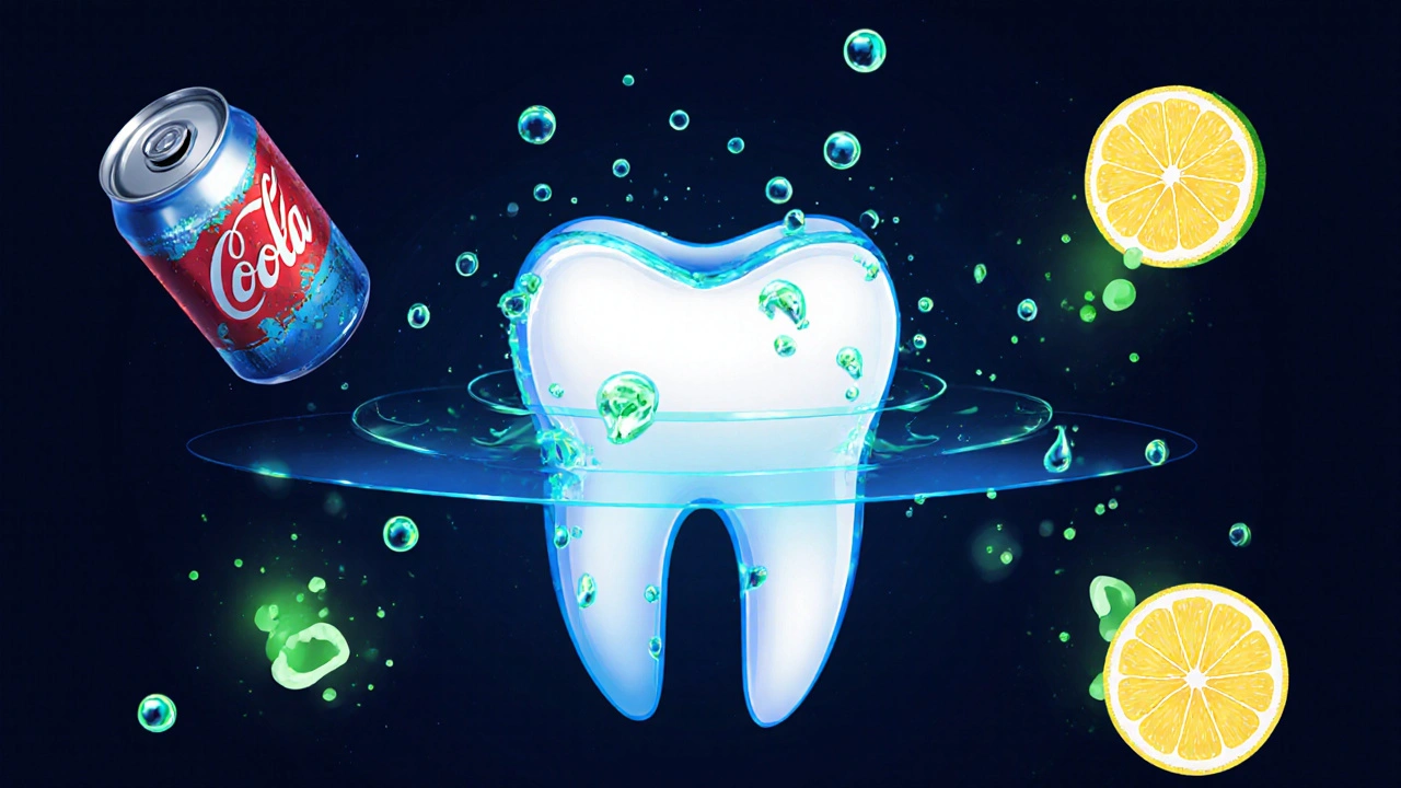 Kyselina ničí zubní skloňování z limonády a citrusového ovoce.