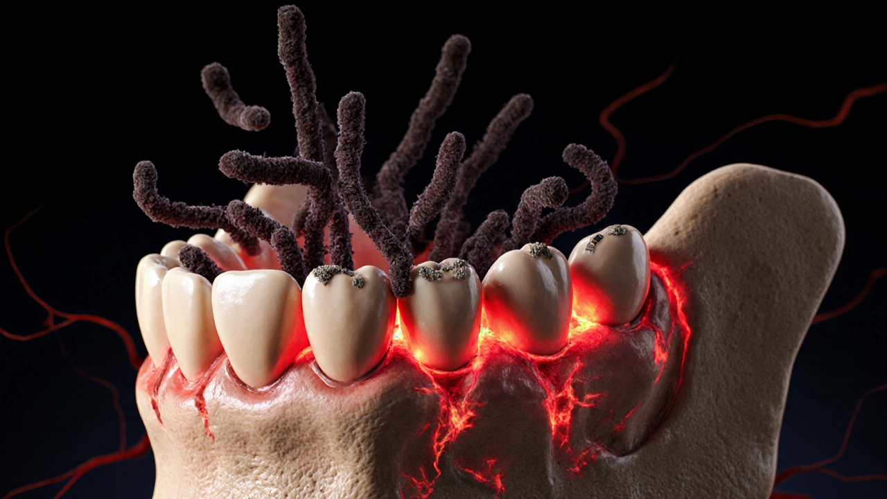 Mikroskopický pohled na bakterie ničící kost pod dásní a způsobující ztrátu zubu.