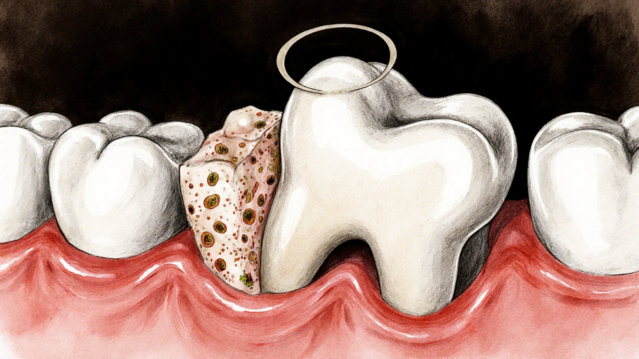 Moudrostní zub vyrůstá šikmo a tlačí na sousední zub, způsobuje zánět dásně.