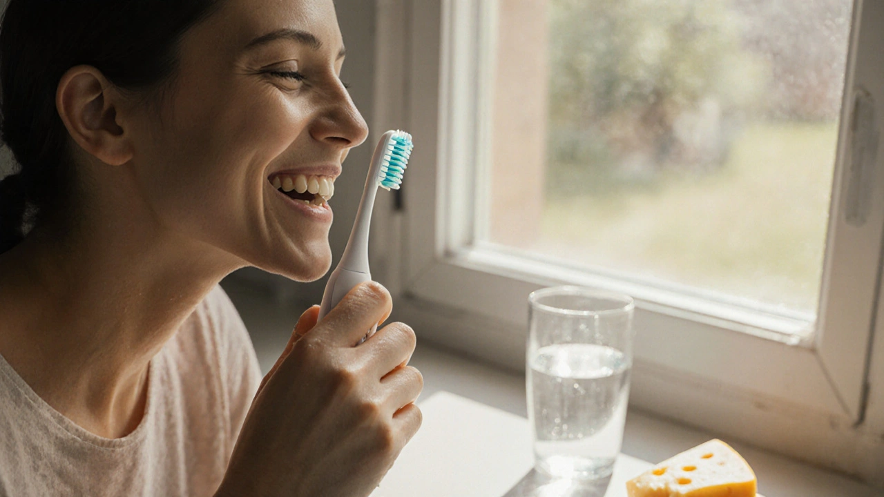 Osoba čistí zuby měkkým elektrickým kartáčkem kruhovými pohyby, na pozadí voda a sýr.