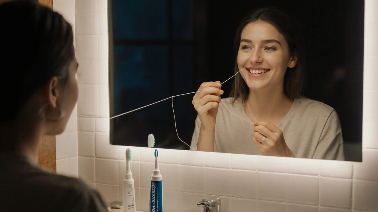 Osoba používá mezizubní nit večer před zrcadlem s čistými zuby.