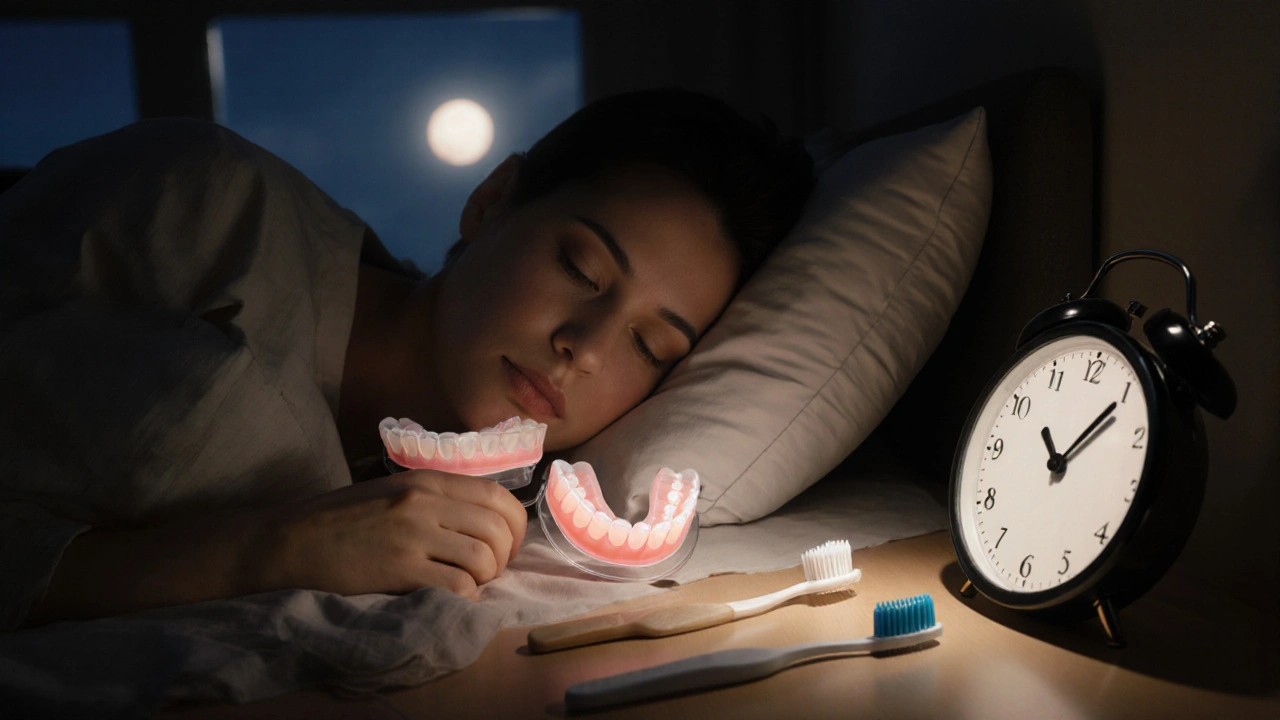 Osoba spí s nočním ochranným plechem pro bruxismus.