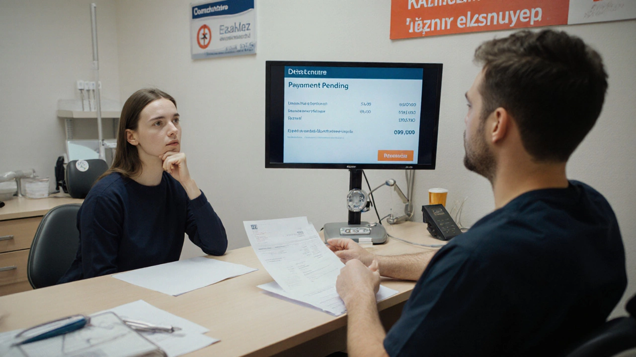 Pacient a zubní lékař hovoří o nezaplaceném účtu v klinice v Praze.