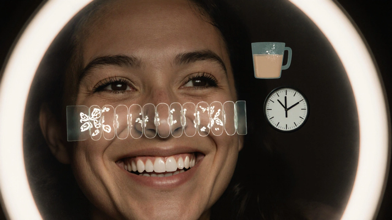 Pacient se usmívá v zrcadle, za ním jsou vidět skryté rizika špatně nainstalovaných fazet.