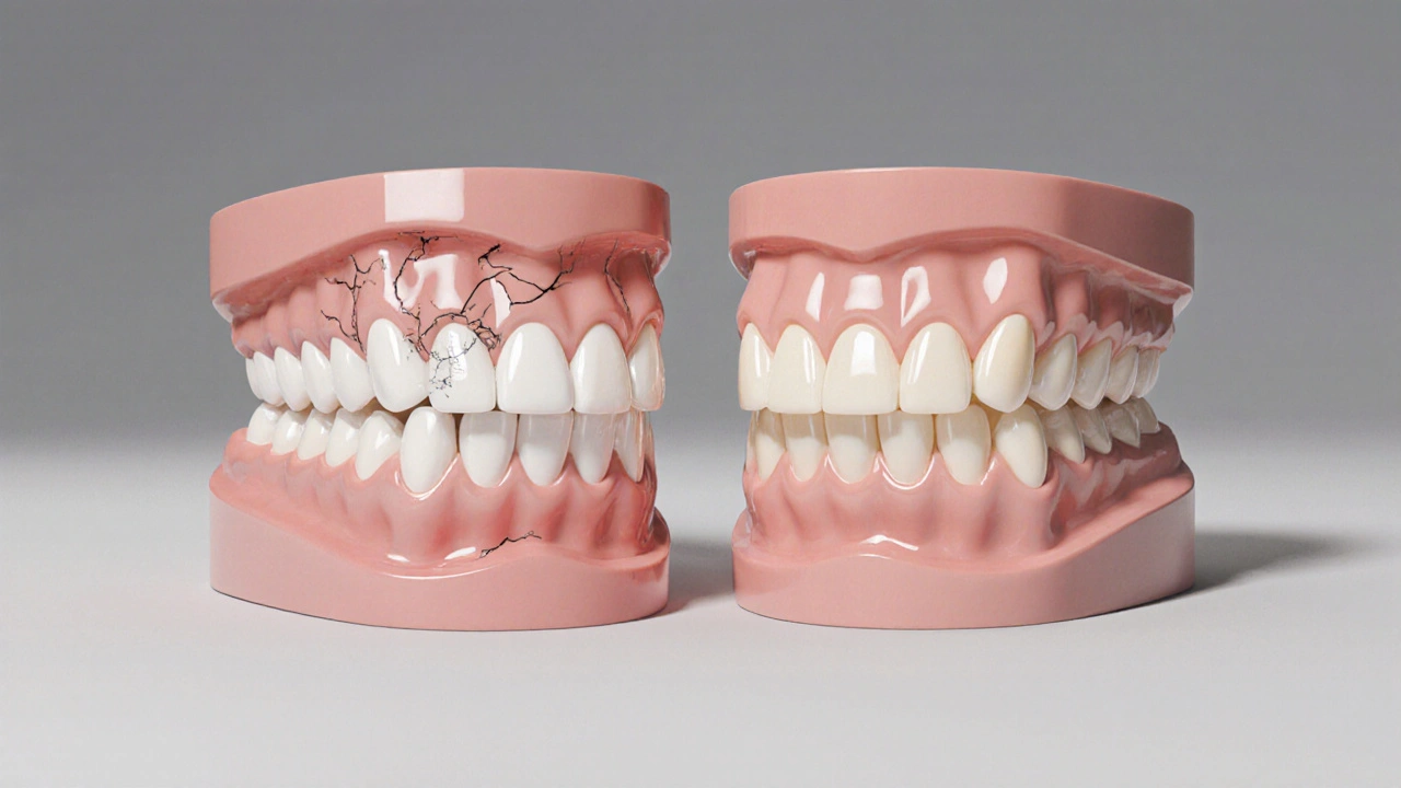 Porovnání dvou kompozitních fazet: jedna s poškozením a zbarvením, druhá s přirozeným vzhledem.