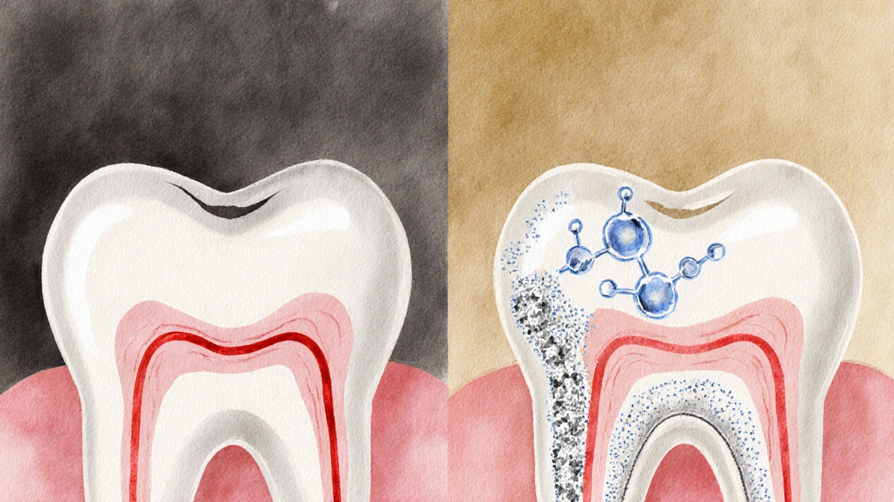 Porovnání poškozeného a obnoveného zubu: vlevo erodovaná sklovinka, vpravo obnovená s krystaly hydroxyapatitu.