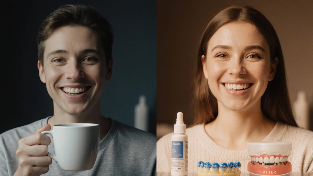 Porovnání tmavého a světlého úsměvu v jednom obrazu.