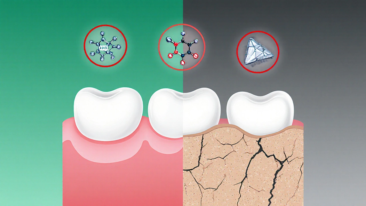 Porovnání zdravých a poškozených dásní s chemickými složkami bělící pasty.