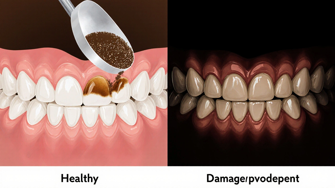 Porovnání zdravých zubů s povrchovými skvrnami a poškozených zubů s tenkou sklovinou.
