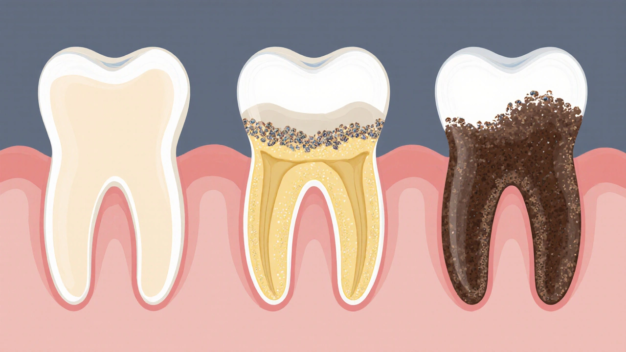 Postupný vývoj zubního plaku na zubní sklovině až do tvrdého kamene.