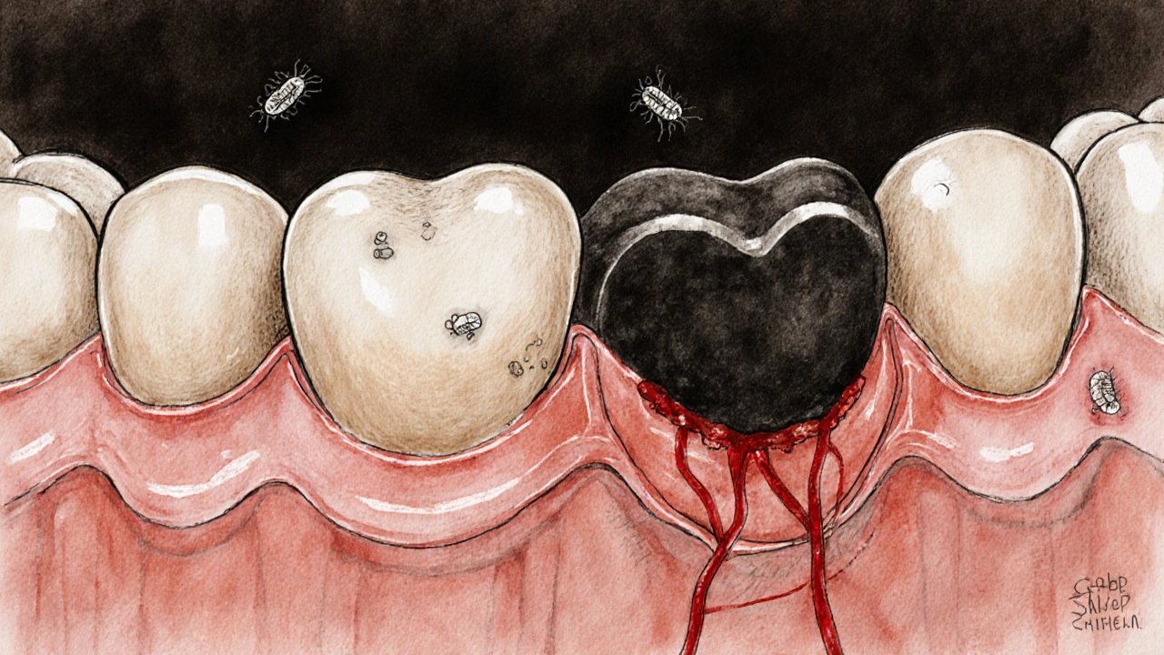 Příčný řez dásně s černým kamenem a zánětem, který postupně ničí kost kolem zubu.