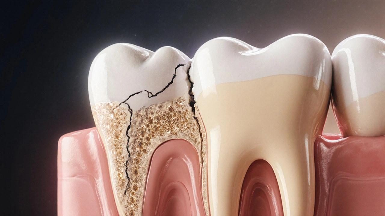 Příčný řez zubem ukazující postupné opotřebení skloviny při častém bělení.